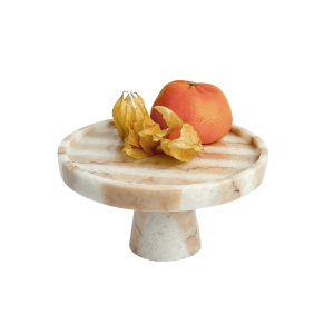 Striped cake stand 17 cm with lid — rose and white natural marble
